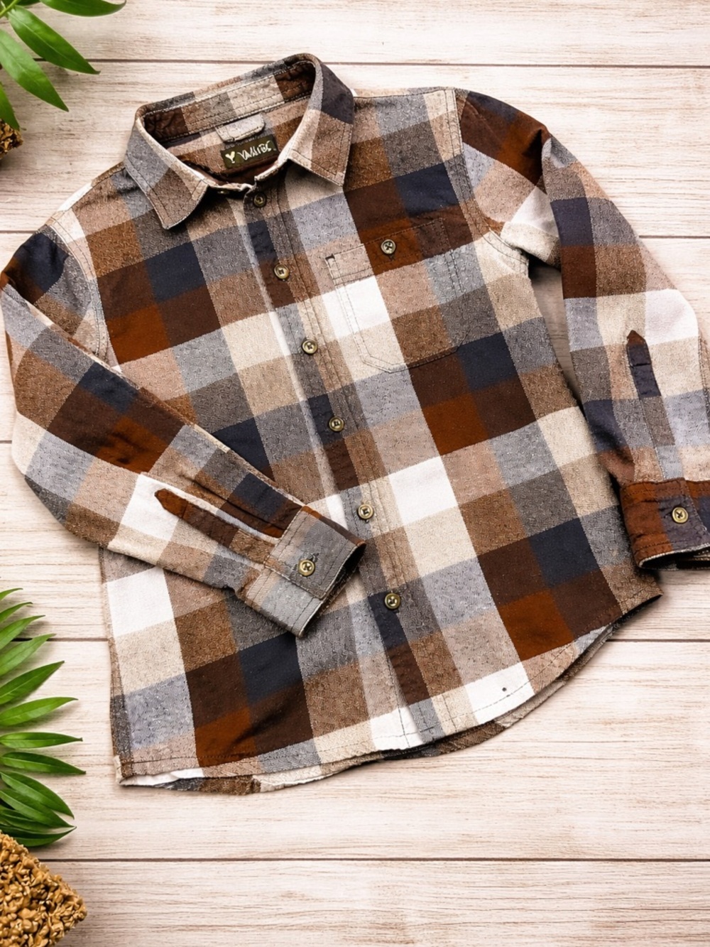 Kids Brown Plaid Button-Front Shirt - Classic Flannel Look Size 10
